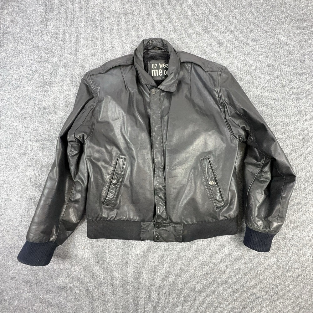 Vintage U2 Wear Me Out Jacket Mens 42 Black Leather Bomber Snap Lined Motorcycle